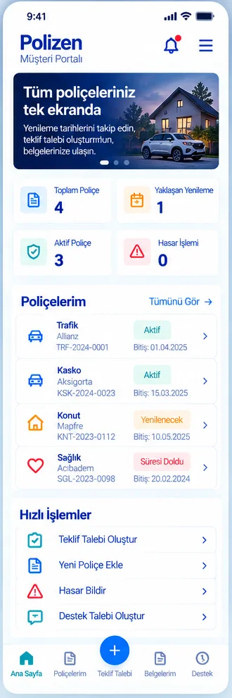 Polizen müşteri portalının mobil temsili görünümü: poliçe özeti, poliçeler listesi ve hızlı işlemler